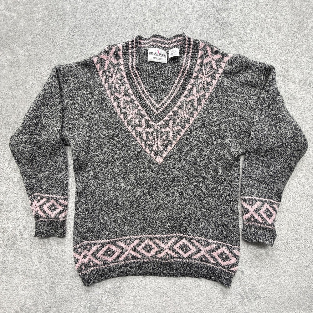 BRASS PLUM‎ Sweater Womens L Gray Fair Isle V-Neck Chunky-Knit Heavyweight Wool